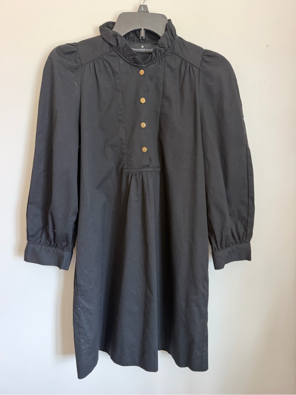 Pomander Place Black Long-Sleeve Ruffle-Neck Dress with Gold Buttons